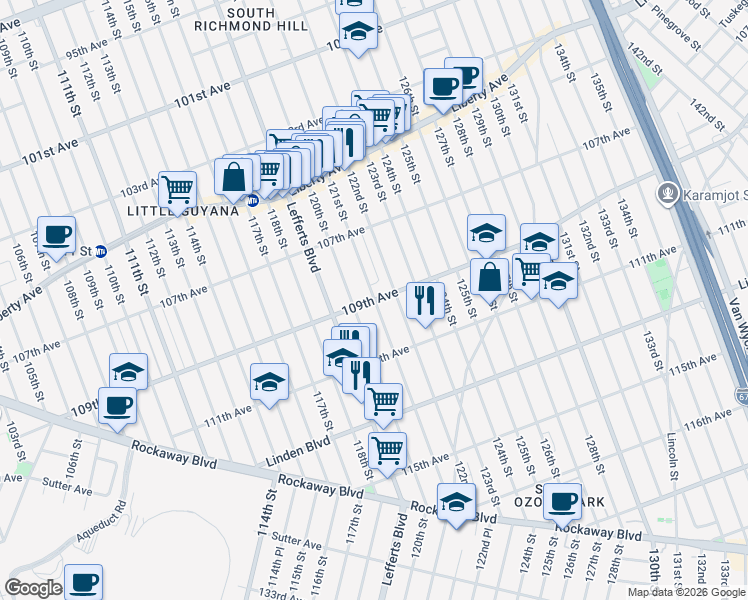 map of restaurants, bars, coffee shops, grocery stores, and more near 109th Avenue & 121st Street in Queens
