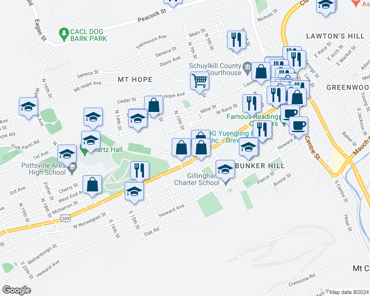map of restaurants, bars, coffee shops, grocery stores, and more near 1126 Arch Street in Pottsville