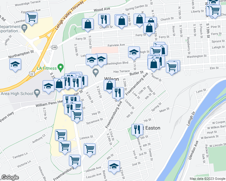 map of restaurants, bars, coffee shops, grocery stores, and more near 2046 Forest Street in Easton