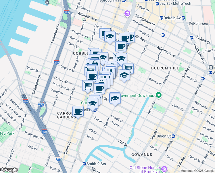 map of restaurants, bars, coffee shops, grocery stores, and more near 350 Degraw Street in Brooklyn