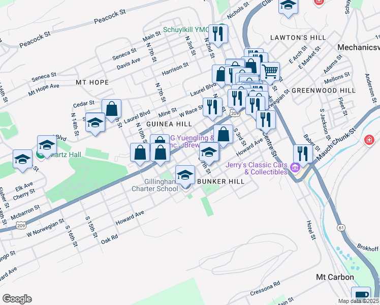 map of restaurants, bars, coffee shops, grocery stores, and more near 714 W Norwegian St in Pottsville