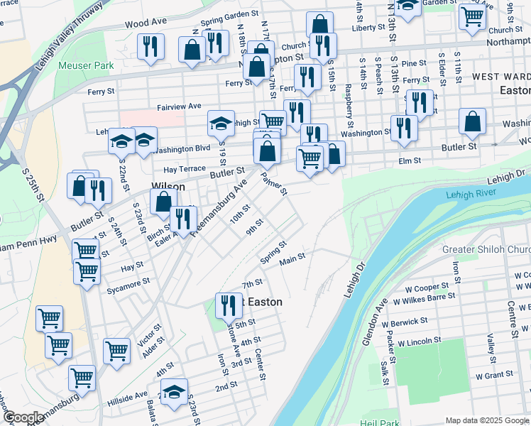 map of restaurants, bars, coffee shops, grocery stores, and more near 901 Ridge Street in Easton