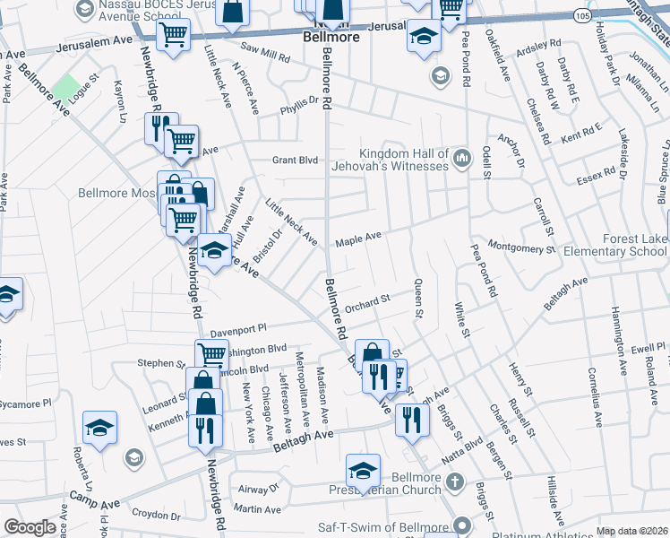 map of restaurants, bars, coffee shops, grocery stores, and more near 1538 Thomas Place in North Bellmore