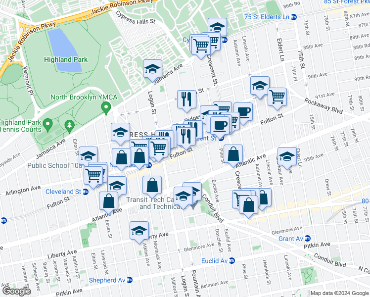 map of restaurants, bars, coffee shops, grocery stores, and more near 3229 Fulton Street in Brooklyn