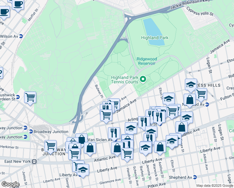 map of restaurants, bars, coffee shops, grocery stores, and more near 290 Highland Boulevard in Brooklyn