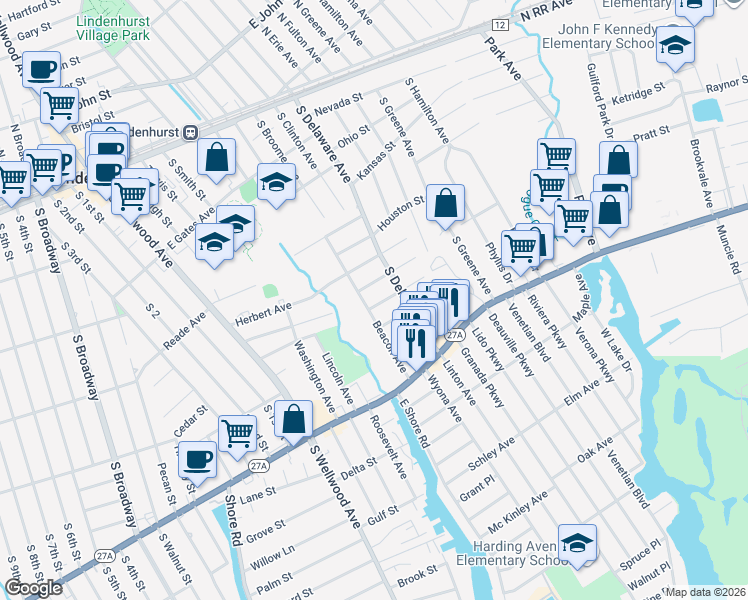map of restaurants, bars, coffee shops, grocery stores, and more near 173 Dallas Street in Lindenhurst