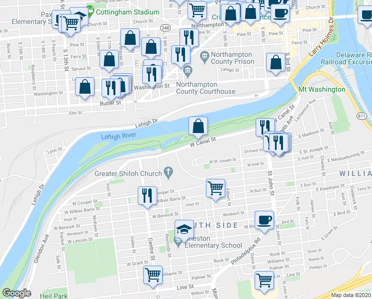map of restaurants, bars, coffee shops, grocery stores, and more near 420 West Canal Street in Easton