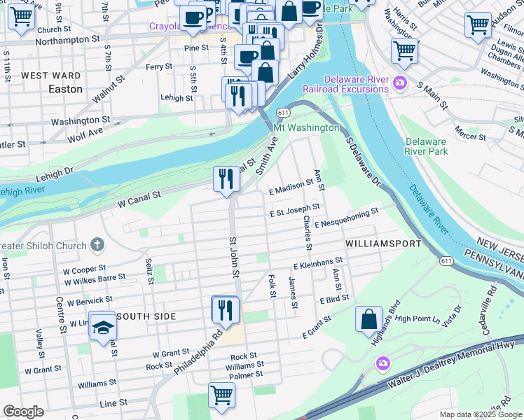 map of restaurants, bars, coffee shops, grocery stores, and more near 220 Folk Street in Easton