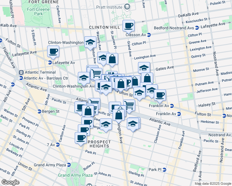 map of restaurants, bars, coffee shops, grocery stores, and more near 515 Washington Avenue in Brooklyn
