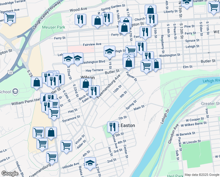 map of restaurants, bars, coffee shops, grocery stores, and more near 1900 Freemansburg Avenue in Easton