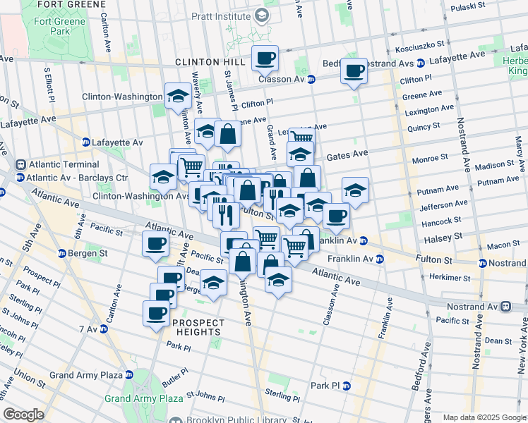 map of restaurants, bars, coffee shops, grocery stores, and more near 983 Fulton Street in Brooklyn