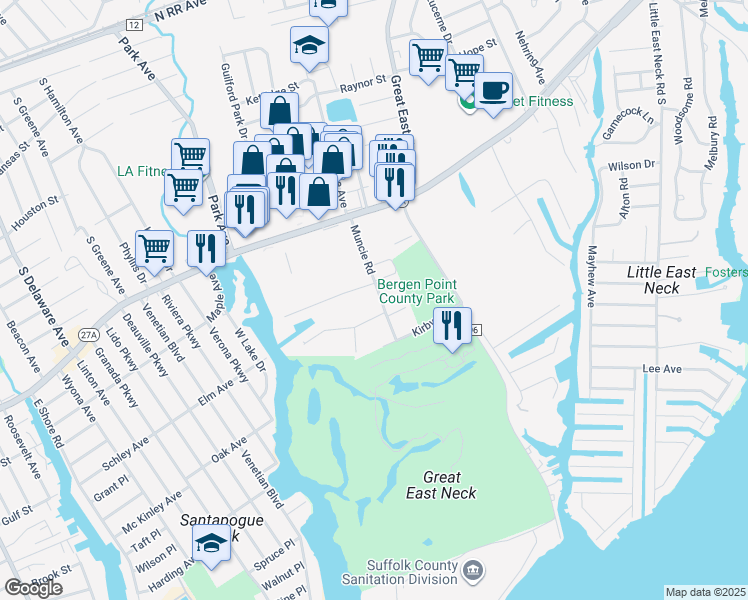 map of restaurants, bars, coffee shops, grocery stores, and more near 64 Muncie Road in West Babylon