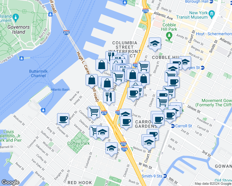 map of restaurants, bars, coffee shops, grocery stores, and more near 68 Carroll Street in Brooklyn