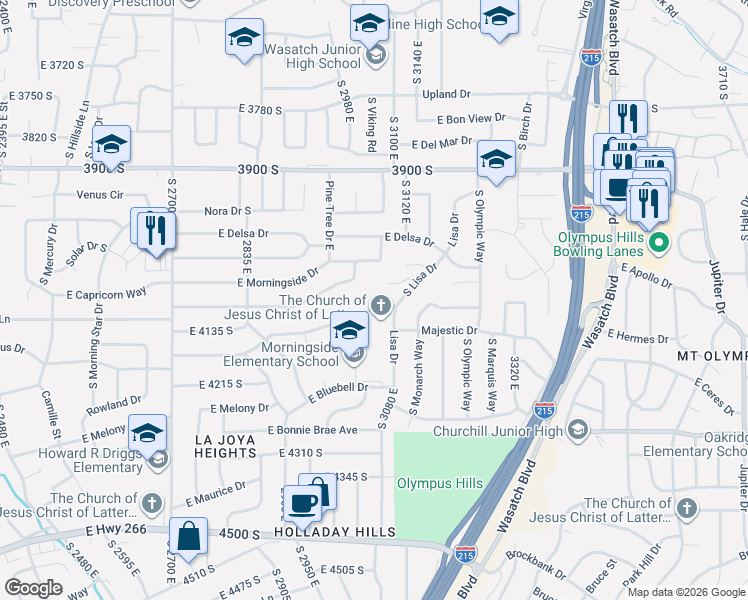 map of restaurants, bars, coffee shops, grocery stores, and more near 3024 East Morgan Drive in Salt Lake City