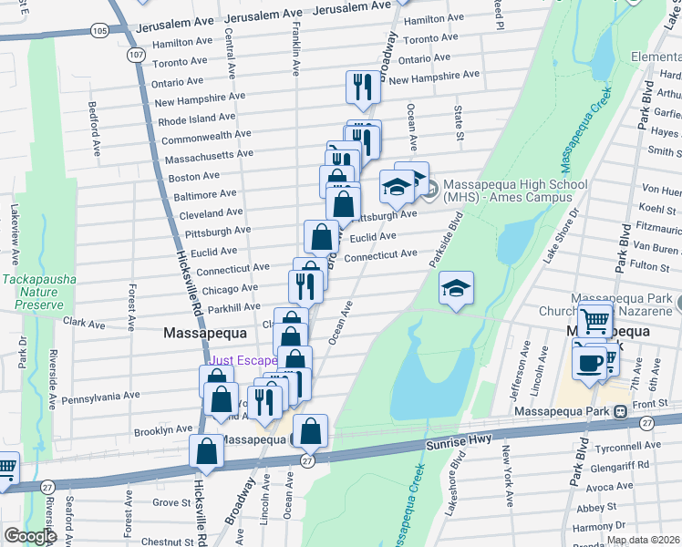 map of restaurants, bars, coffee shops, grocery stores, and more near 581b Broadway in Massapequa