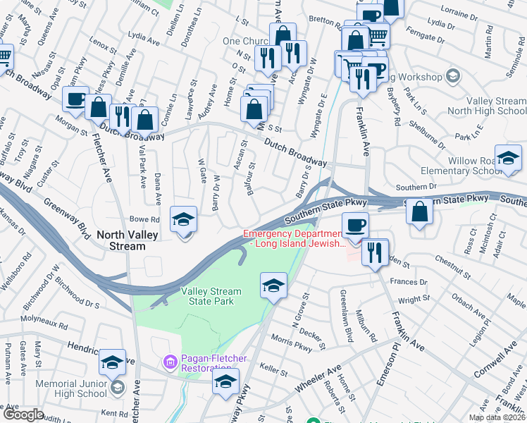 map of restaurants, bars, coffee shops, grocery stores, and more near 1282 Barry Drive South in Valley Stream