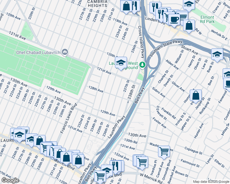 map of restaurants, bars, coffee shops, grocery stores, and more near 121-55 235th Street in Queens