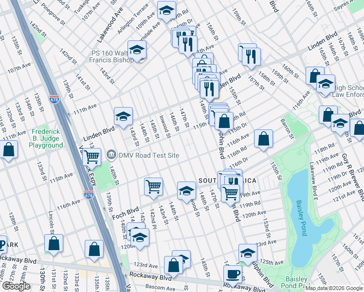 map of restaurants, bars, coffee shops, grocery stores, and more near 115-30 147th Street in Queens