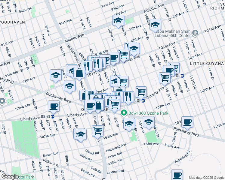 map of restaurants, bars, coffee shops, grocery stores, and more near 9802 103rd Avenue in Queens