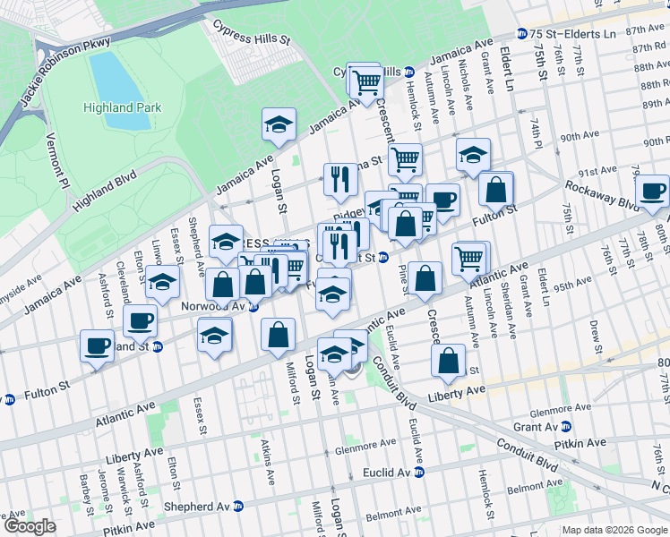 map of restaurants, bars, coffee shops, grocery stores, and more near 183 Richmond Street in Brooklyn