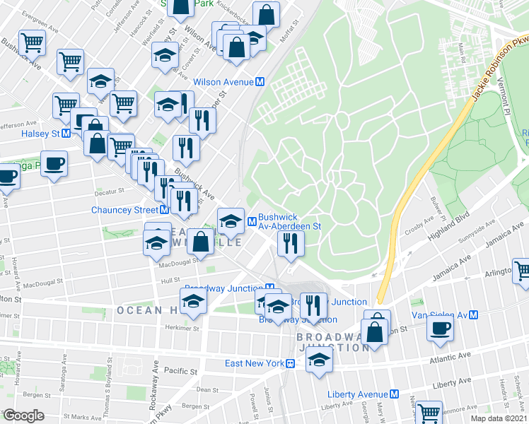 map of restaurants, bars, coffee shops, grocery stores, and more near 1533 Bushwick Avenue in Brooklyn