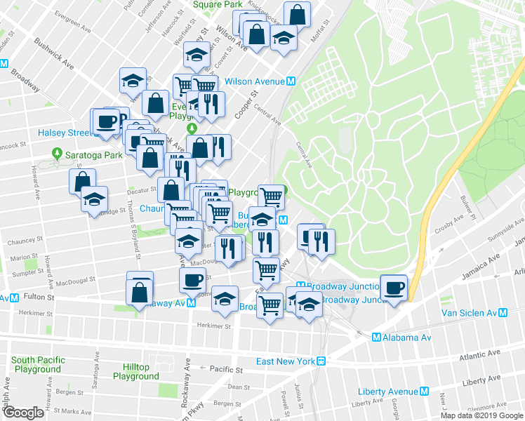 map of restaurants, bars, coffee shops, grocery stores, and more near 1503 Bushwick Avenue in Brooklyn
