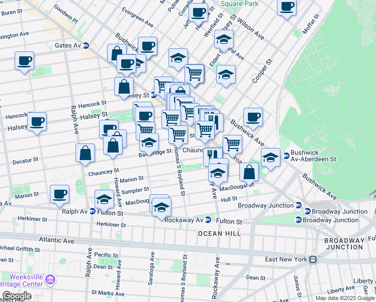 map of restaurants, bars, coffee shops, grocery stores, and more near 569 Bainbridge Street in Brooklyn