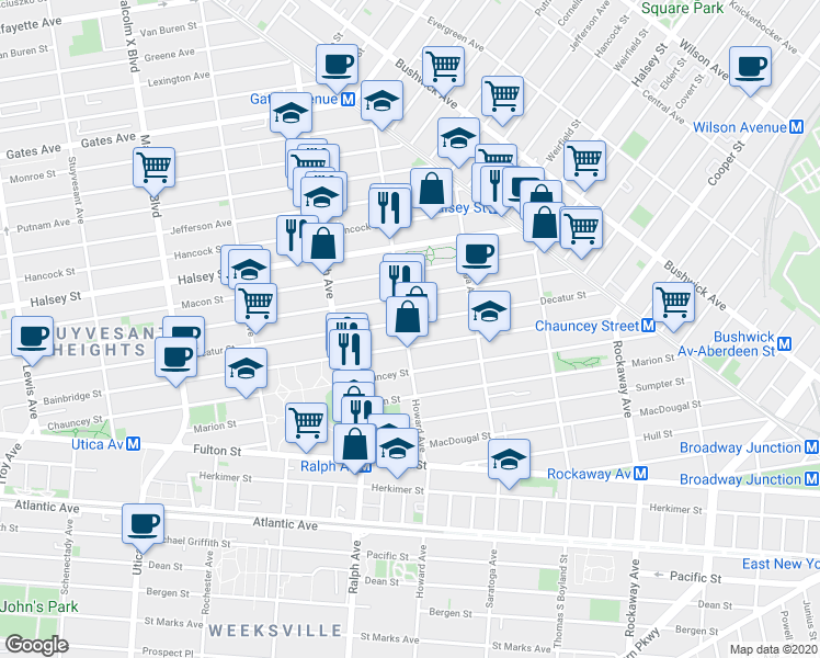 map of restaurants, bars, coffee shops, grocery stores, and more near 160 Howard Avenue in Brooklyn