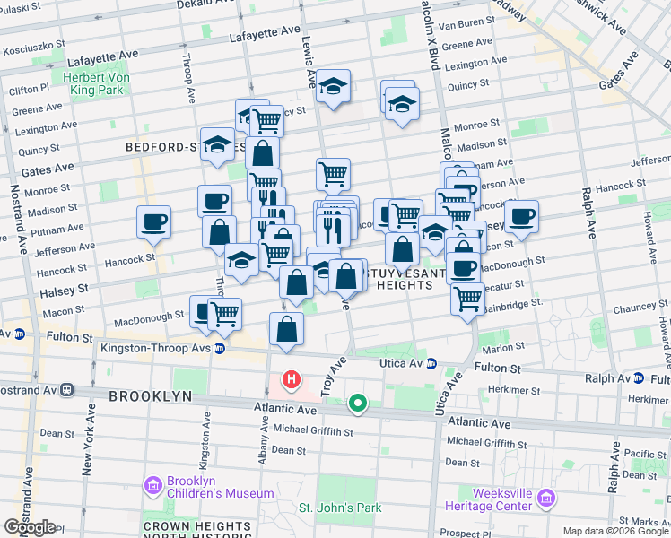map of restaurants, bars, coffee shops, grocery stores, and more near 365 Lewis Avenue in Brooklyn