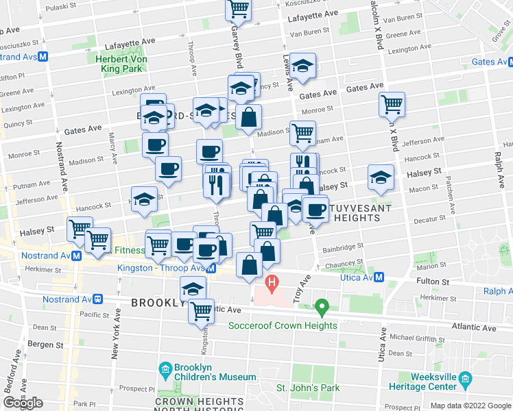 map of restaurants, bars, coffee shops, grocery stores, and more near 409 Marcus Garvey Boulevard in Brooklyn