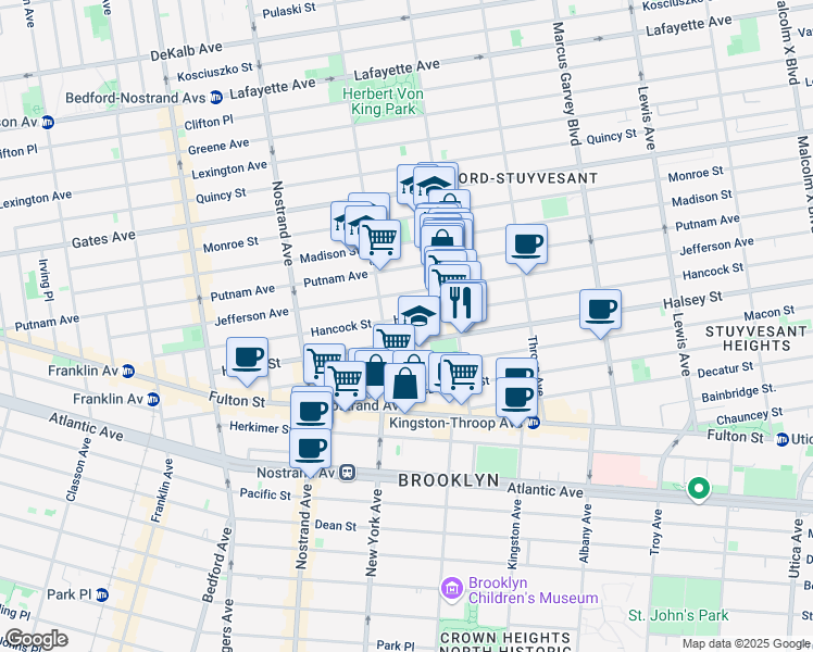 map of restaurants, bars, coffee shops, grocery stores, and more near 258 Hancock Street in Brooklyn
