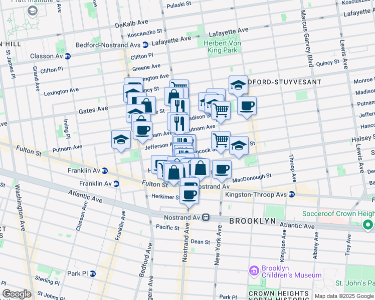 map of restaurants, bars, coffee shops, grocery stores, and more near 425 Nostrand Avenue in Brooklyn