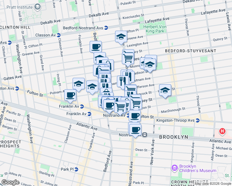 map of restaurants, bars, coffee shops, grocery stores, and more near 156 Jefferson Avenue in Brooklyn