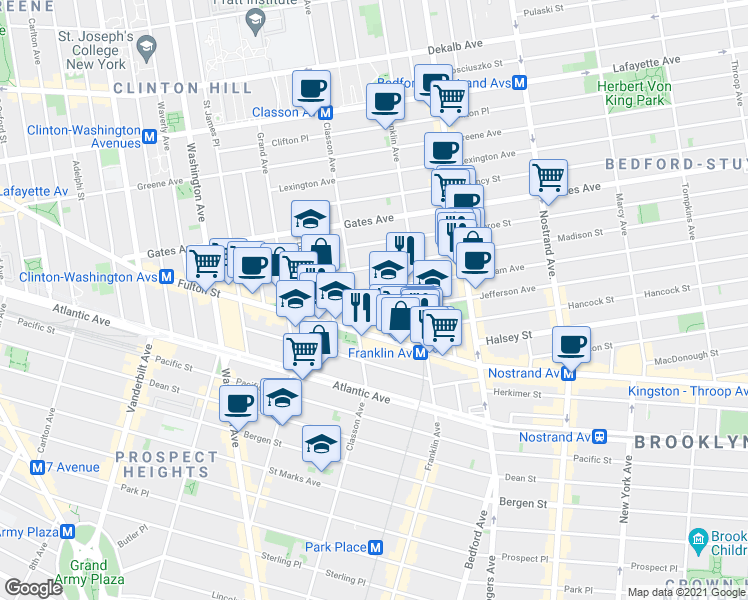 map of restaurants, bars, coffee shops, grocery stores, and more near 3 Claver Place in Brooklyn