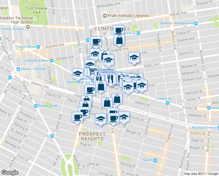 map of restaurants, bars, coffee shops, grocery stores, and more near 900 Fulton Street in Brooklyn
