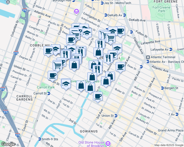 map of restaurants, bars, coffee shops, grocery stores, and more near 207 Bond Street in Brooklyn