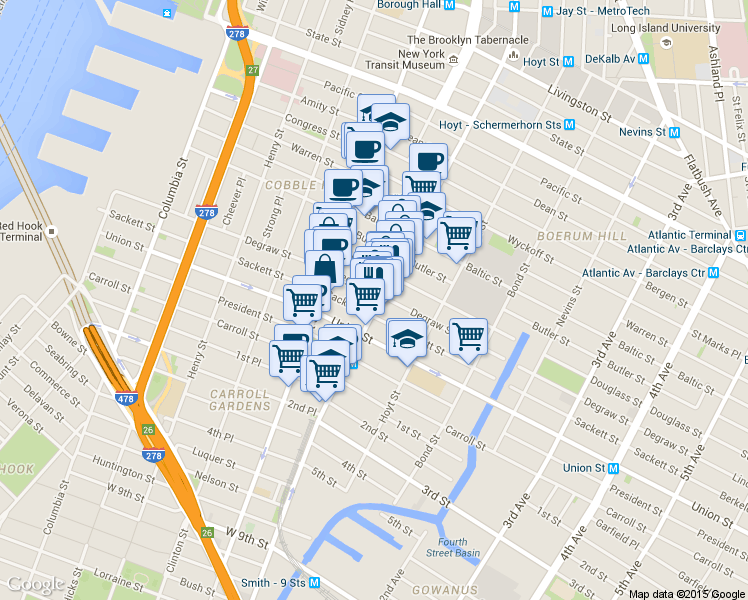 map of restaurants, bars, coffee shops, grocery stores, and more near 350 Degraw Street in Brooklyn