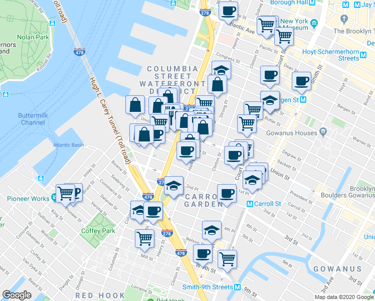 map of restaurants, bars, coffee shops, grocery stores, and more near 152 President Street in Brooklyn
