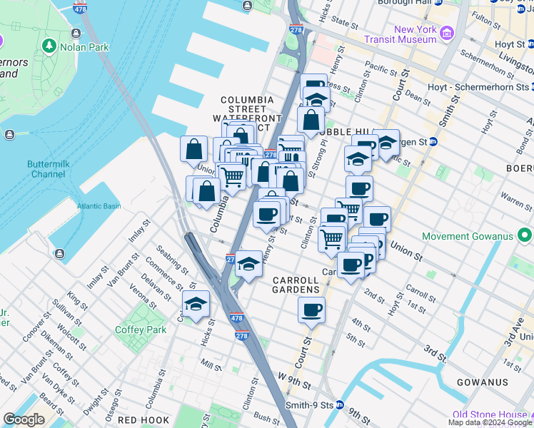 map of restaurants, bars, coffee shops, grocery stores, and more near 152 President Street in Brooklyn