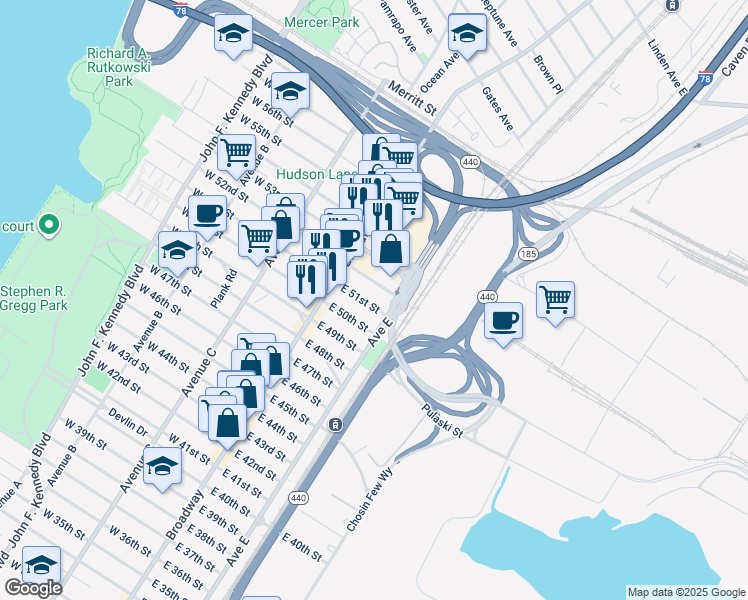 map of restaurants, bars, coffee shops, grocery stores, and more near 36 East 52nd Street in Bayonne