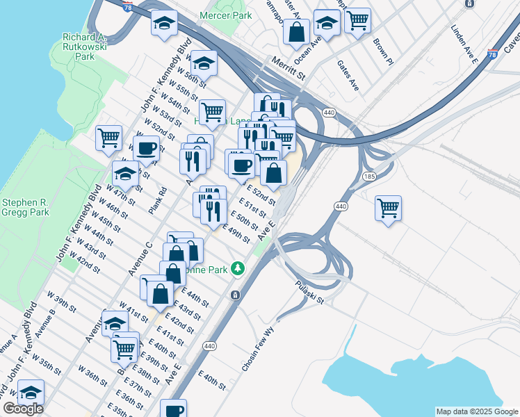 map of restaurants, bars, coffee shops, grocery stores, and more near 36 East 52nd Street in Bayonne