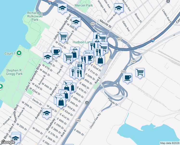 map of restaurants, bars, coffee shops, grocery stores, and more near 1030 Broadway in Bayonne