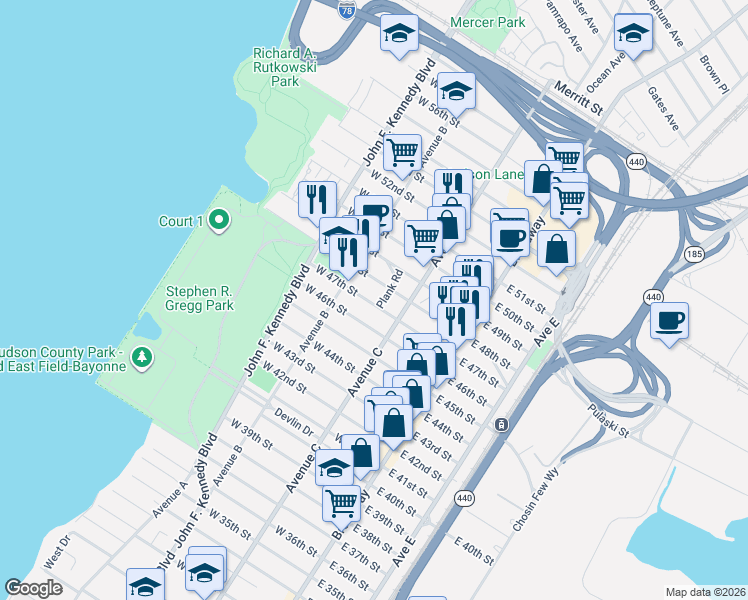 map of restaurants, bars, coffee shops, grocery stores, and more near 93 West 47th Street in Bayonne