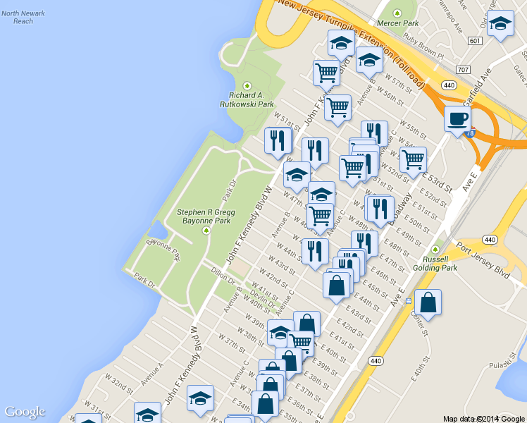 map of restaurants, bars, coffee shops, grocery stores, and more near 1074 John F. Kennedy Boulevard in Bayonne