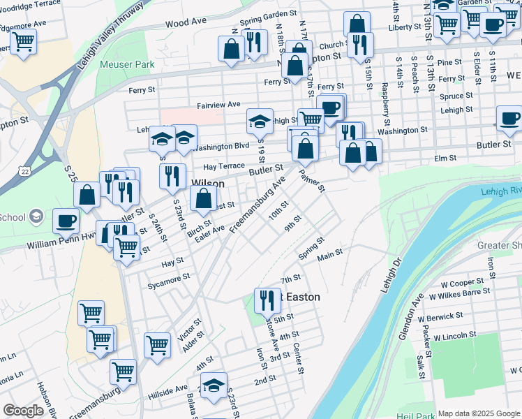map of restaurants, bars, coffee shops, grocery stores, and more near 1900 Freemansburg Avenue in Easton