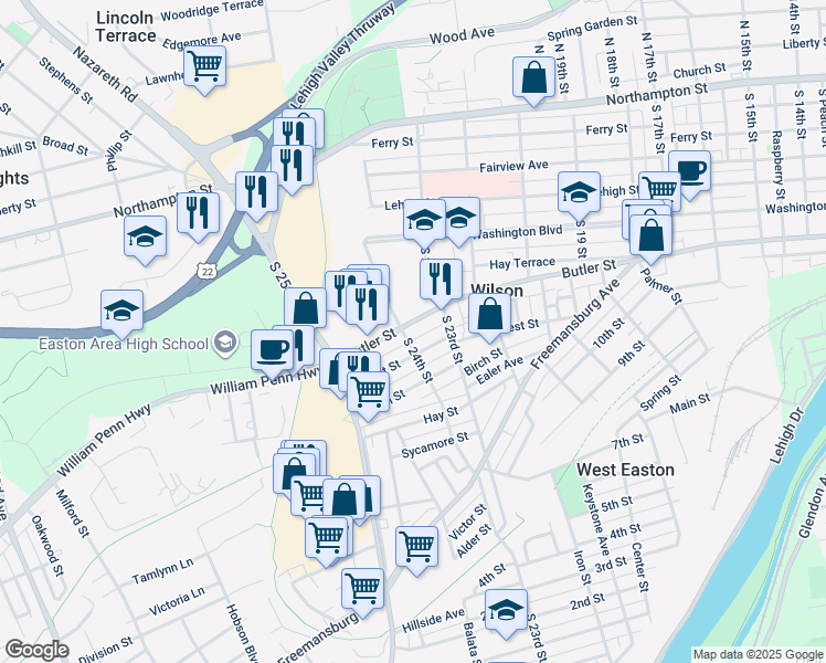 map of restaurants, bars, coffee shops, grocery stores, and more near 2318 Butler Street in Easton