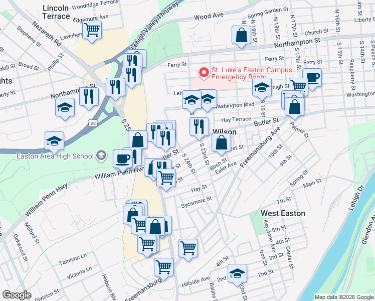 map of restaurants, bars, coffee shops, grocery stores, and more near 2318 Butler Street in Easton