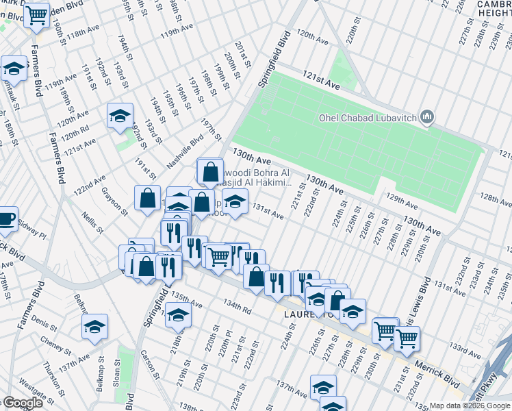 map of restaurants, bars, coffee shops, grocery stores, and more near 218-05 131st Avenue in Queens