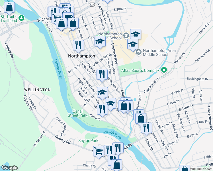 map of restaurants, bars, coffee shops, grocery stores, and more near 1407 Main Street in Northampton