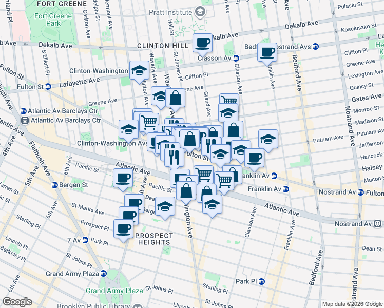 map of restaurants, bars, coffee shops, grocery stores, and more near Fulton St & St James Pl in Brooklyn